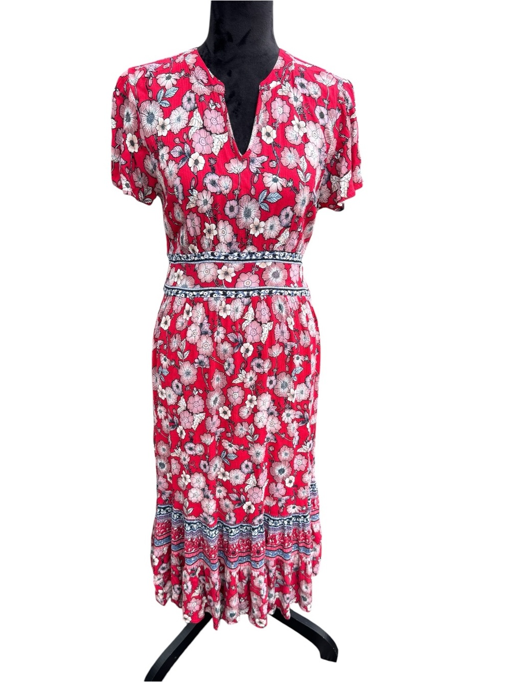 Knox Rose Floral Red Midi Dress V Neck Elastic Waist Cap Sleeve Boho   Romantic - Picture 5 of 10